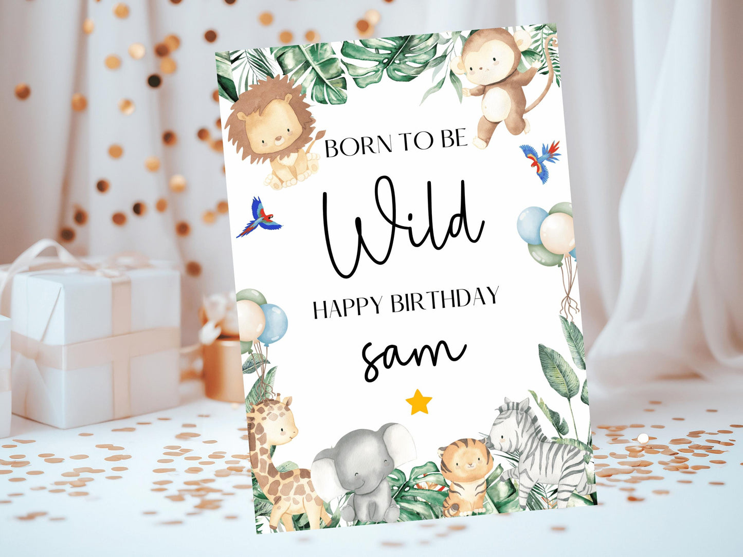 Born to Be Wild Happy Birthday Card/ Safari Theme Birthday Greetings Cards/ Childrens Birthday Party/ Jungle Animals/King of the Jungle Card