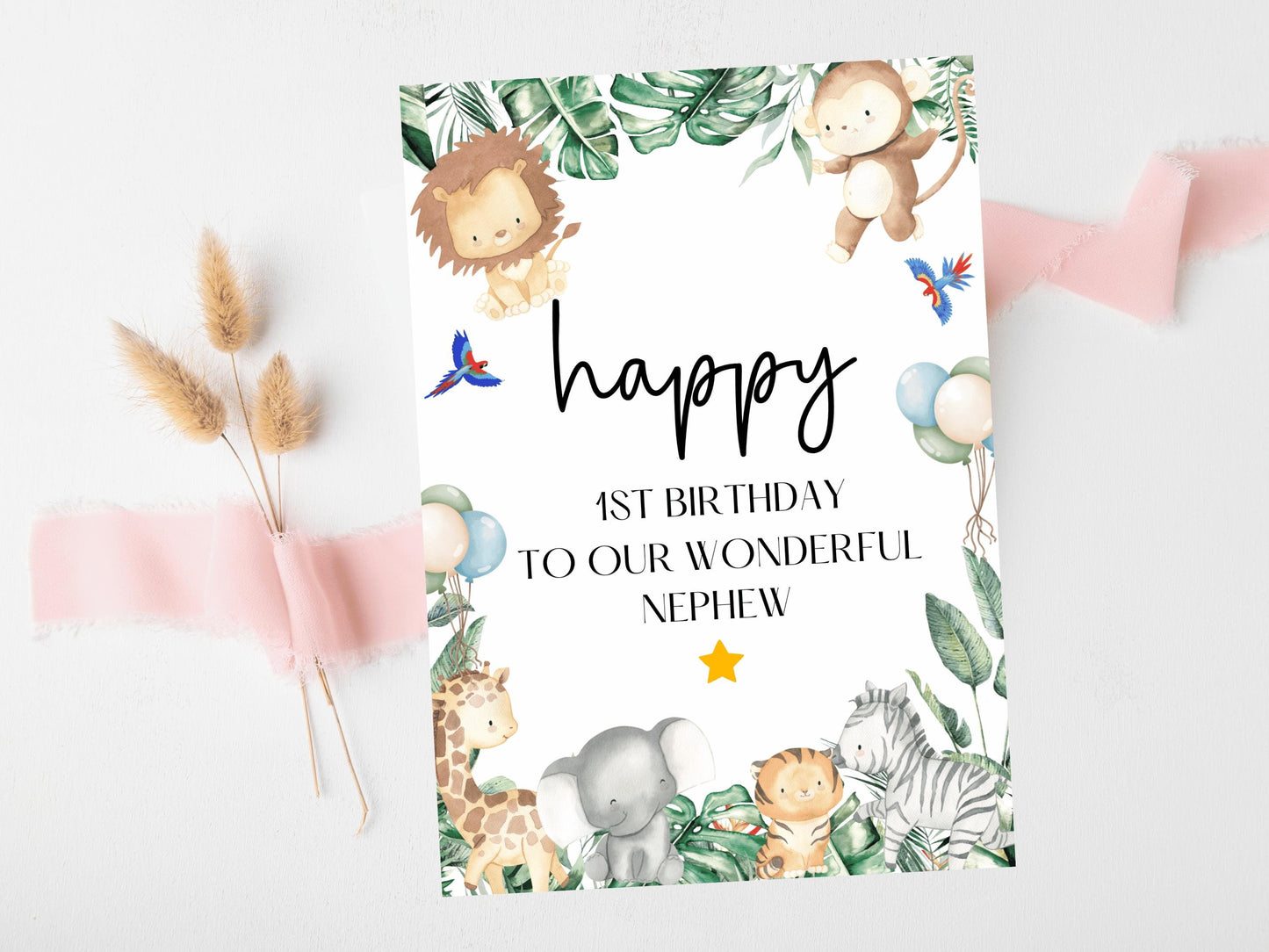 To Our Wonderful Nephew Happy 1st Birthday Card/ Safari Theme Birthday Greetings Cards/ Childrens Birthday Party/ King of the Jungle Card