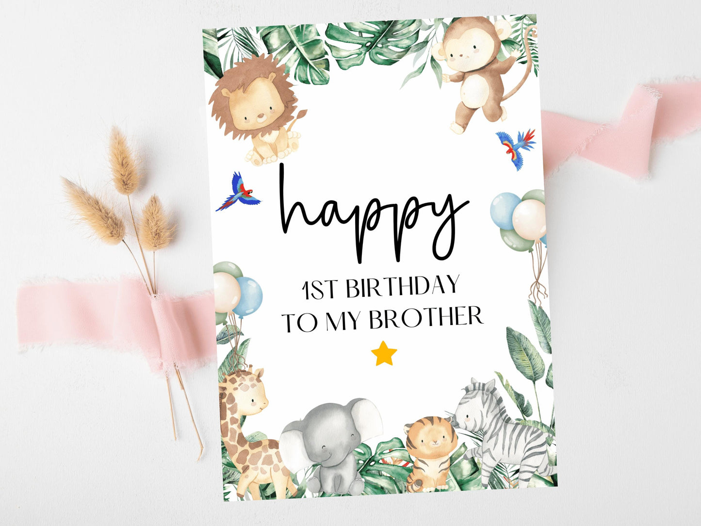 To My Brother Happy 1st Birthday Card/ Safari Theme Birthday Greetings Cards/ Childrens Birthday Party/ King of the Jungle Card