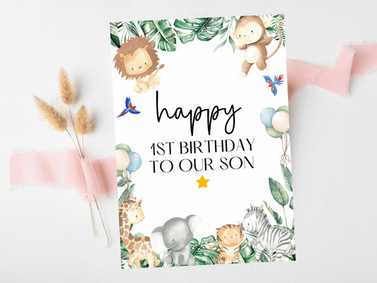 Happy 1st Birthday to Our Son Card/ Safari Theme Birthday Greetings Cards/ Childrens Birthday Party/ King of the Jungle Card