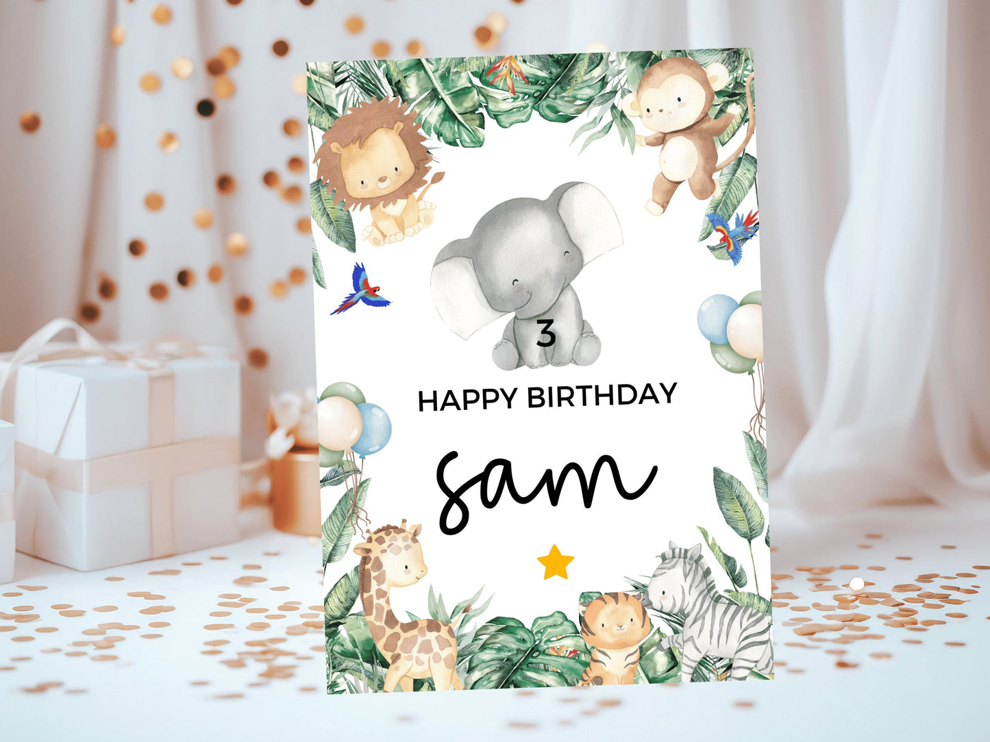 Elephant Happy Birthday Card/ Safari Theme Birthday Greetings Cards/ Childrens Birthday Party/ Jungle Animals Lion/ King of the Jungle Card