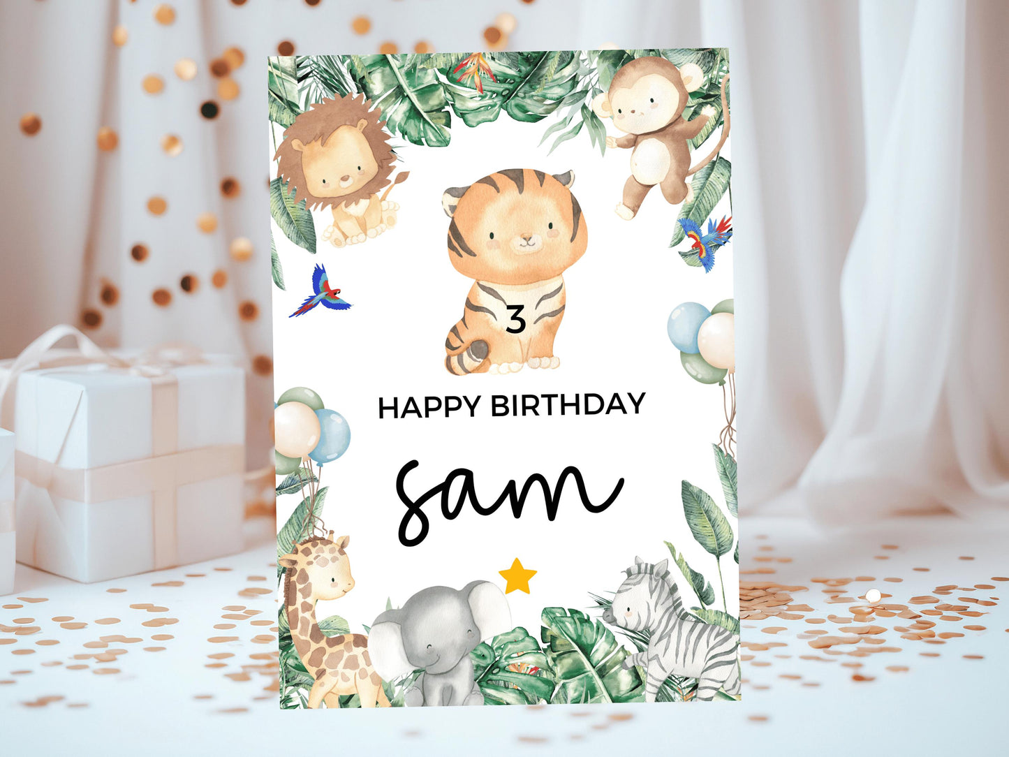 Tiger Happy Birthday Card/ Safari Theme Birthday Greetings Cards/ Childrens Birthday Party/ Jungle Animals Lion/ King of the Jungle Card