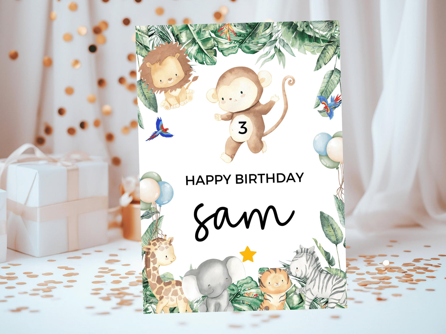 Monkey Happy Birthday Card/ Safari Theme Birthday Greetings Cards/ Childrens Birthday Party/ Jungle Animals Lion/ King of the Jungle Card