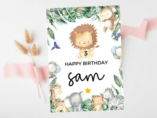 Lion Happy Birthday Card/ Safari Theme Birthday Greetings Cards/ Childrens Birthday Party/ Jungle Animals Lion/ King of the Jungle Card