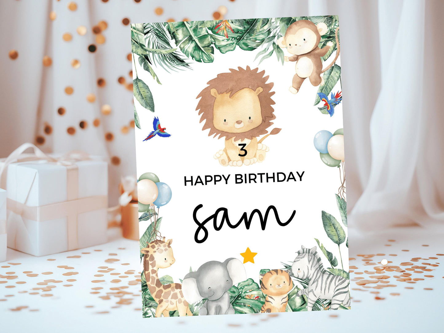 Lion Happy Birthday Card/ Safari Theme Birthday Greetings Cards/ Childrens Birthday Party/ Jungle Animals Lion/ King of the Jungle Card