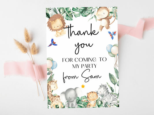 Thank you for Coming to My Party Jungle Safari Theme Card/Happy Birthday Greetings Cards/ Childrens Birthday Party/ Jungle Animals Birthday