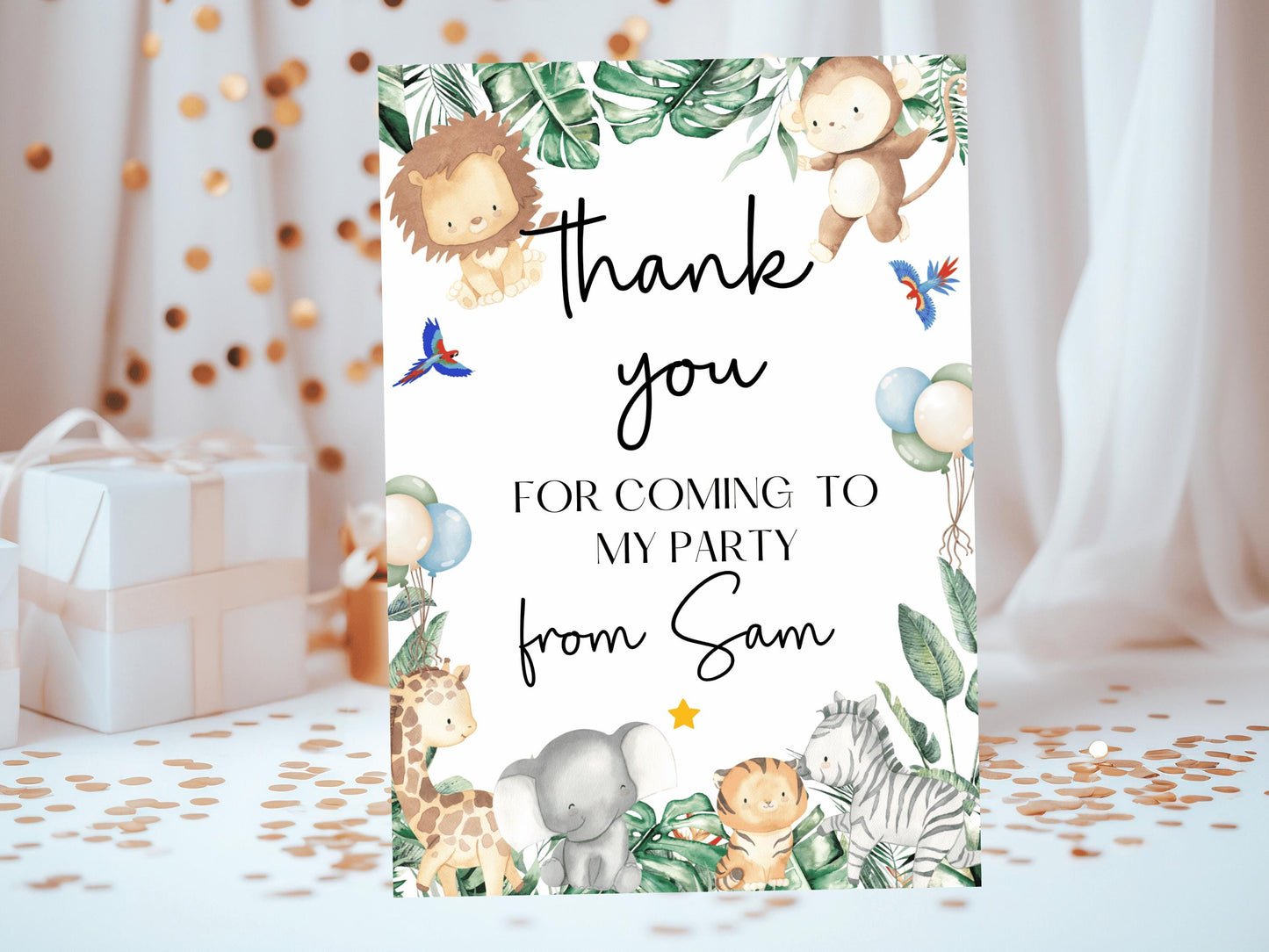 Thank you for Coming to My Party Jungle Safari Theme Card/Happy Birthday Greetings Cards/ Childrens Birthday Party/ Jungle Animals Birthday