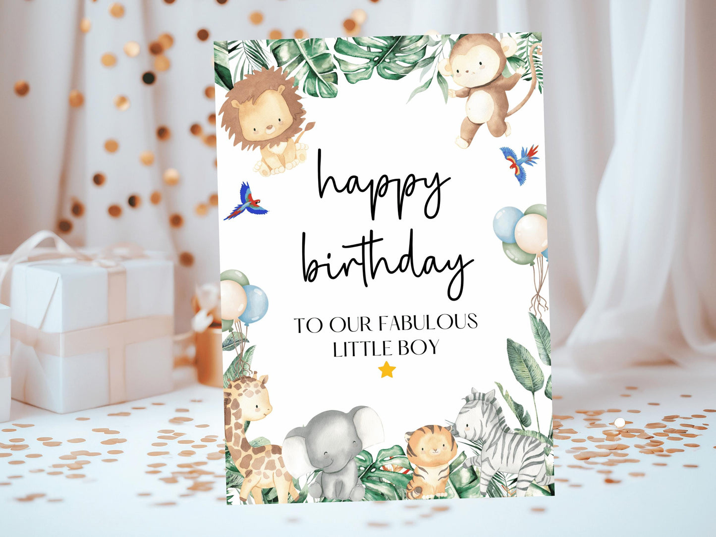 To a Fabulous Little Boy Happy Birthday Card/Safari Theme Birthday Greetings Cards/ Childrens Birthday Party/Animals King of the Jungle Card