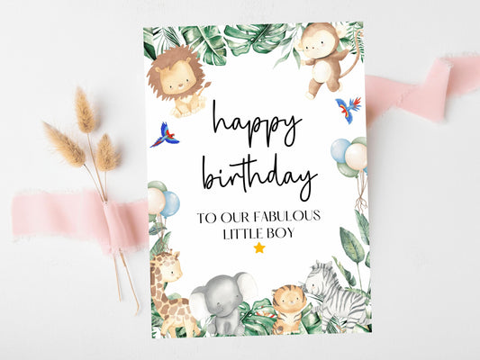 To a Fabulous Little Boy Happy Birthday Card/Safari Theme Birthday Greetings Cards/ Childrens Birthday Party/Animals King of the Jungle Card