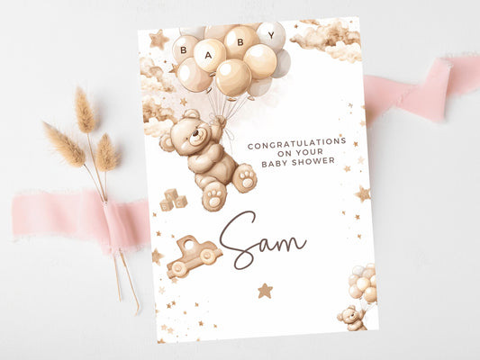 Congratulations on Your Baby Shower Card/ Personalised Baby Shower Gender Reveal/ We Can Bearly Wait Mummy to Be Card/ Brown Bear Balloons