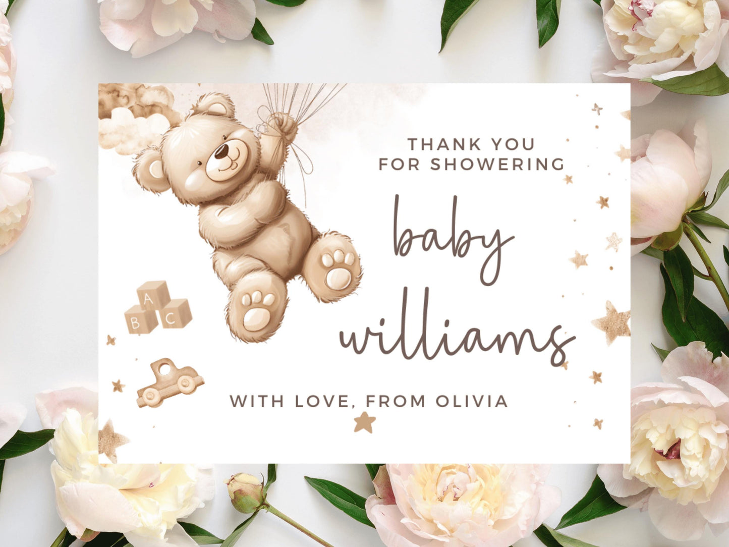 Thank You for Showering Baby With Love Prosecco Bottle Stickers/ Personalised Neutral  Brown Teddy Bear Balloons/We Can Bearly Wait Label