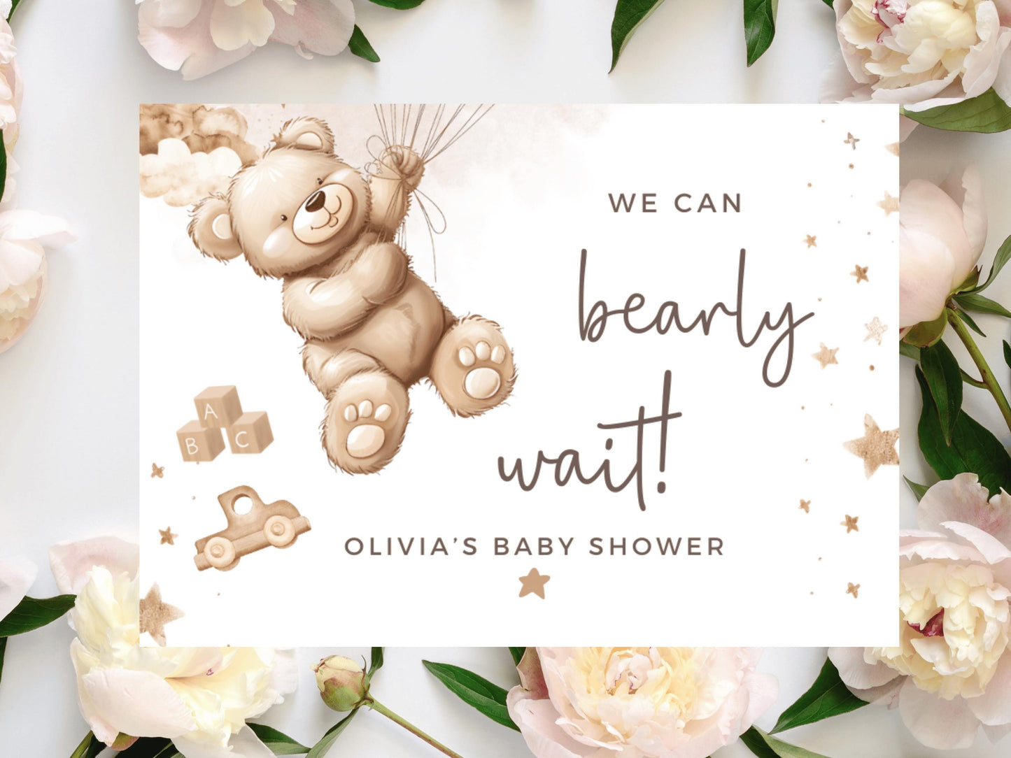 We Can Bearly Wait Baby Shower Prosecco Bottle Stickers/ Personalised Neutral Gender Reveal Favours/ Brown Teddy Bear Balloons/ Mummy to Be