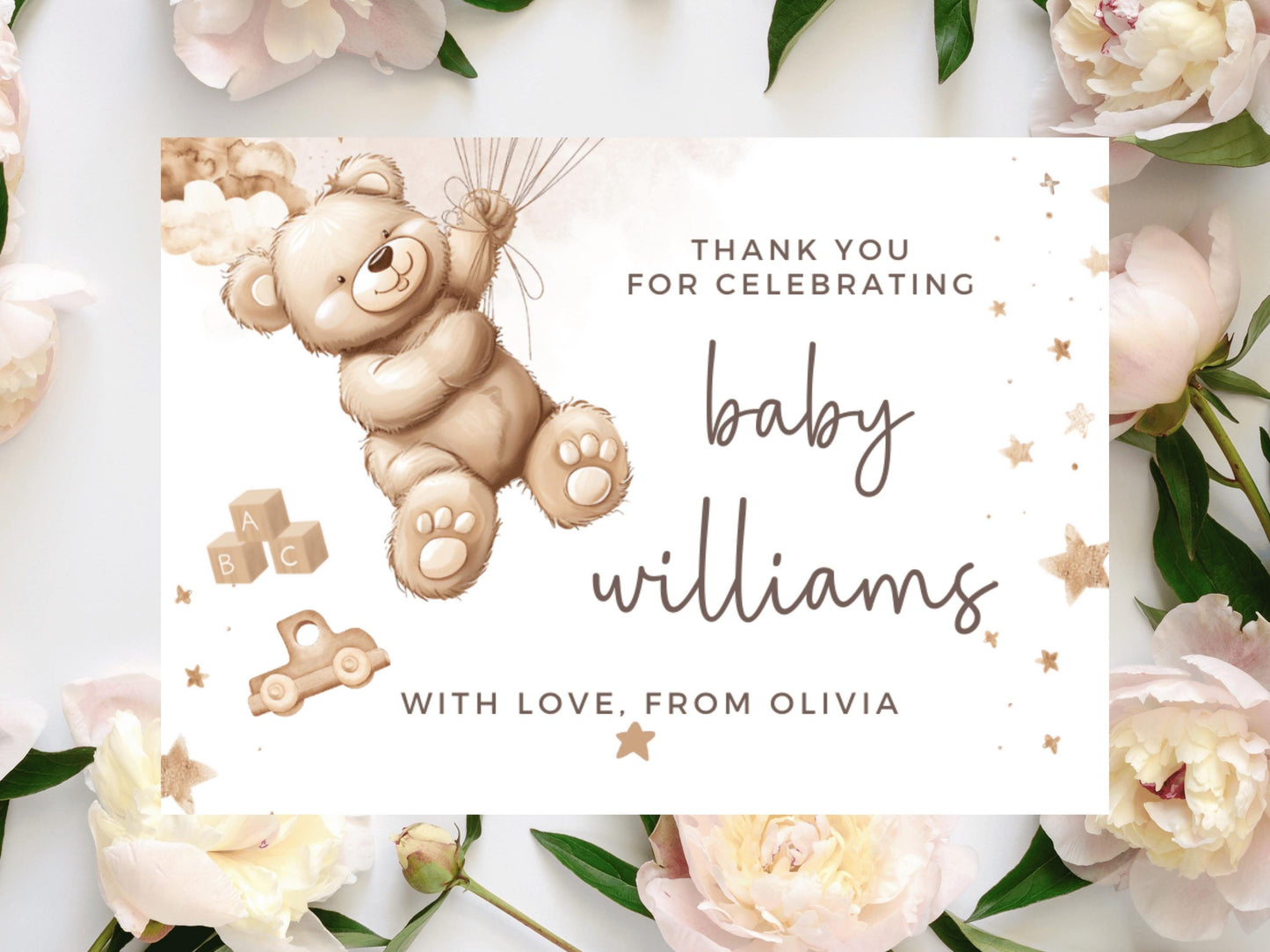 Thank You for Celebrating Baby Prosecco Bottle Stickers/ Personalised Neutral  Brown Teddy Bear Balloons/ We Can Bearly Wait  Mummy Label