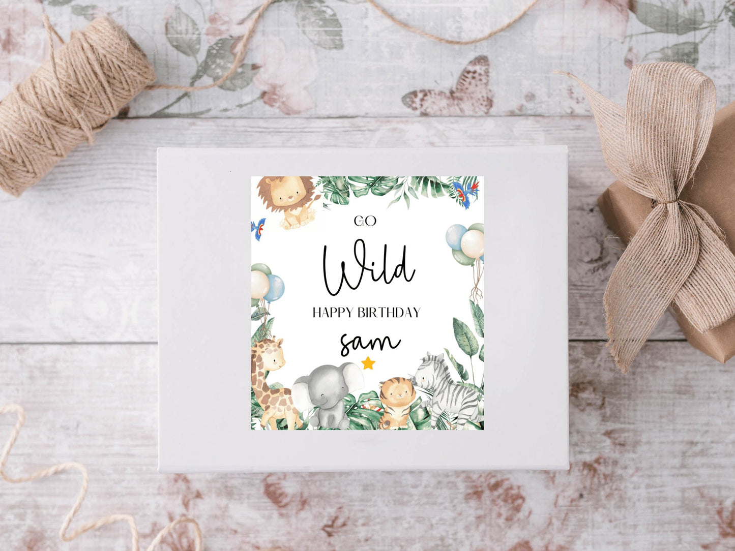 Go Wild Happy Birthday Gift Bag Label/ Personalised Box Sticker/ Safari Theme Party Favours Label/ Animals Lion Monkey King of the Jungle