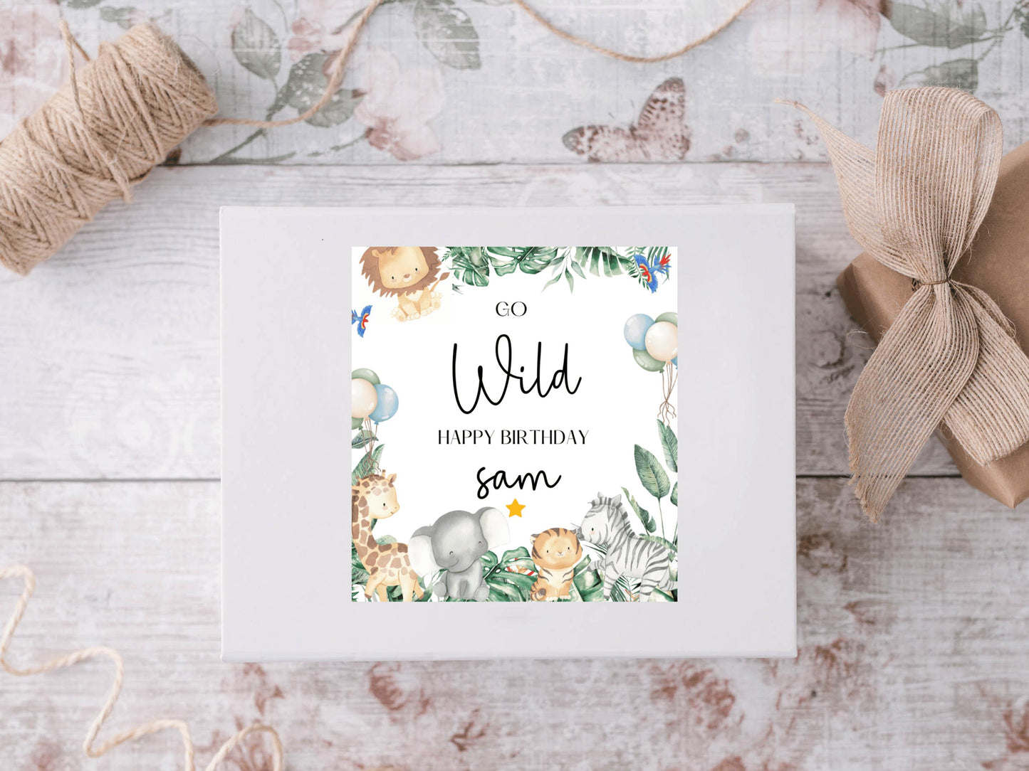 Go Wild Happy Birthday Gift Box Label/ Personalised Bag Sticker/ Safari Theme Party Favours Label/ Animals Lion Monkey King of the Jungle