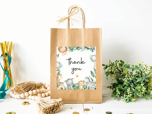 Thank You Happy Birthday Gift Bag Label/ Box Sticker/ Safari Theme Party Favours Label/ Animals Lion Elephant Monkey King of the Jungle