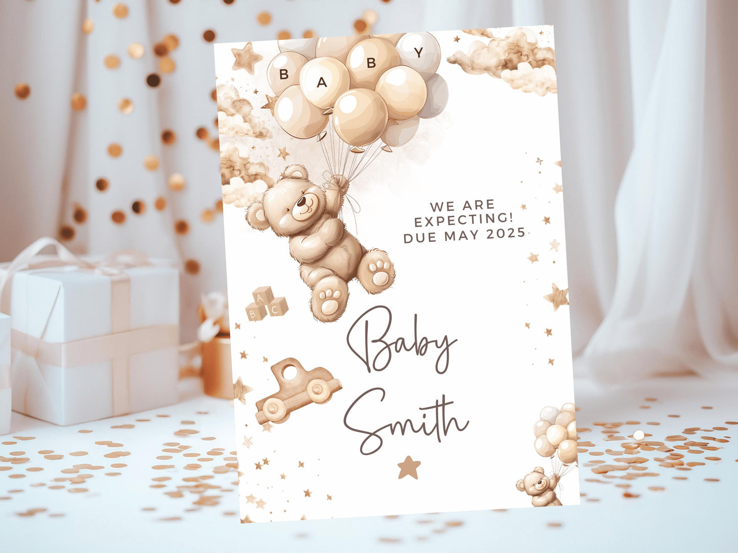 We Are Expecting Card/ Personalised Pregnancy Announcement Ideas/ We Can Bearly Wait Mummy to Be Card/ New Baby Surprise Brown Bear Balloons