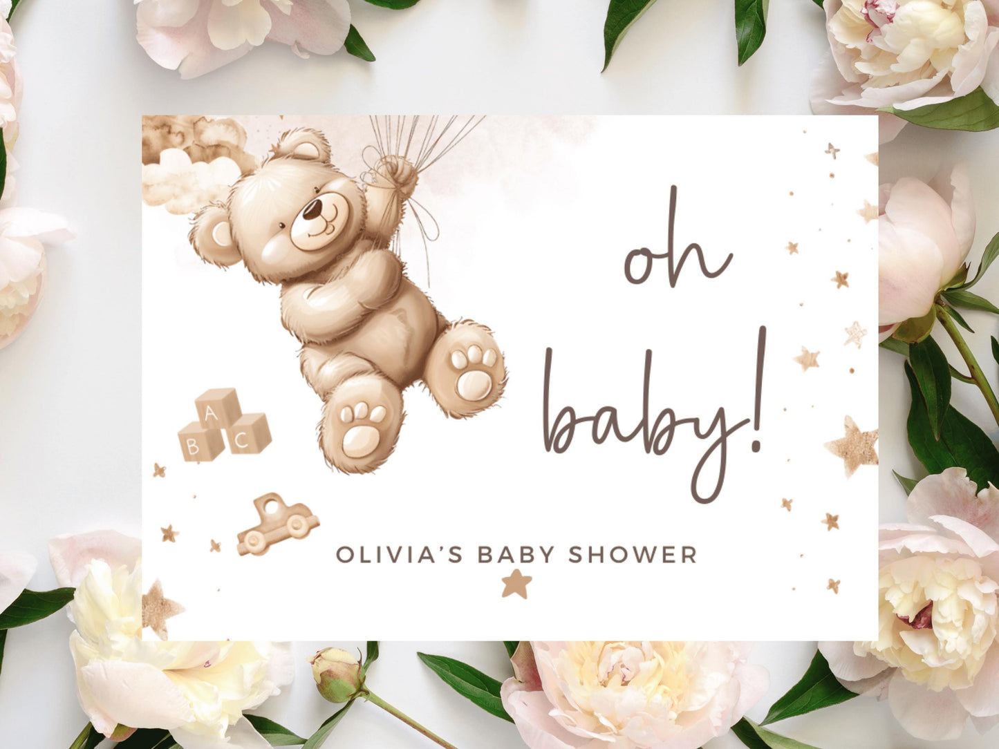 Oh Baby Shower Prosecco Bottle Stickers/ Personalised Neutral Gender Reveal Label/ Brown Teddy Bear Balloons/ We Can Bearly Wait Decor Label