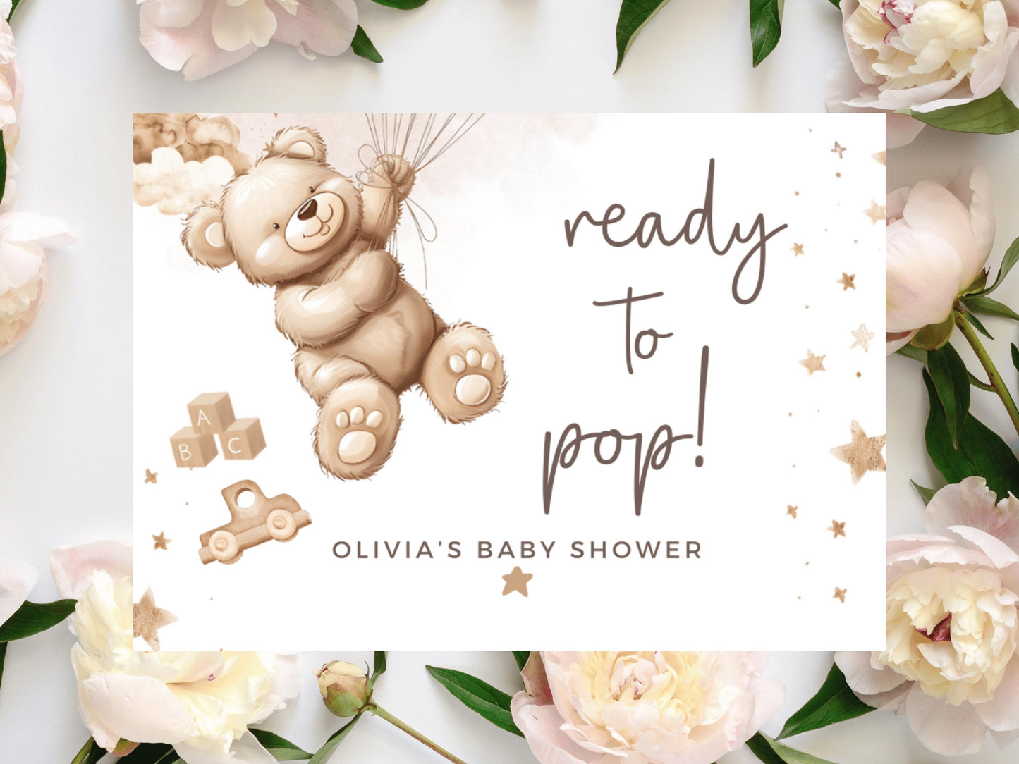 Ready to Pop Baby Shower Prosecco Bottle Stickers/ Personalised Neutral Gender Reveal/ Brown Teddy Bear Balloons/ We Can Bearly Wait Label