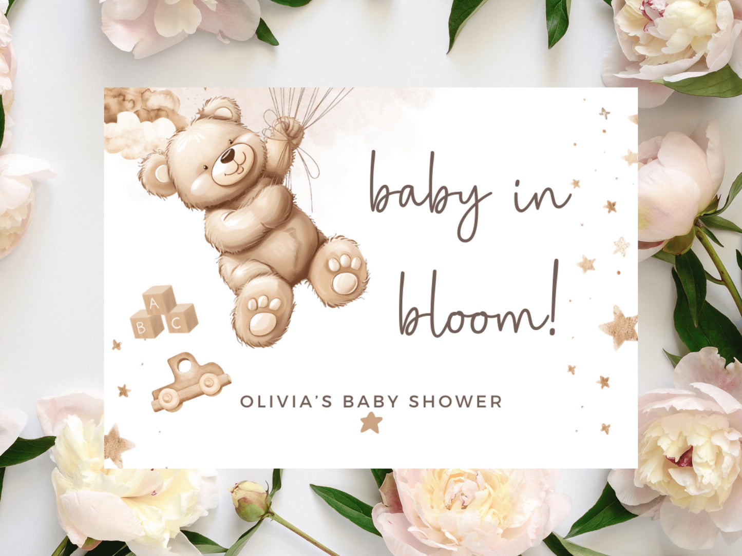 Baby in Bloom Baby Shower Prosecco Bottle Stickers/ Personalised Neutral Gender Reveal/ Brown Teddy Bear Balloons/ We Can Bearly Wait Label