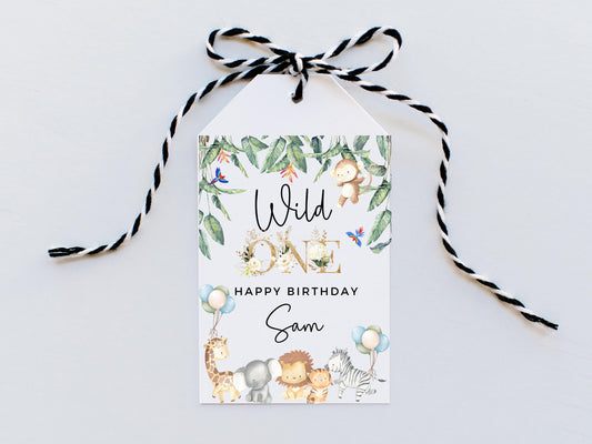 Wild One First Birthday Jungle Theme Tag/ Safari Animals Happy Birthday Children Kids Party/ Lion Tiger Monkey Gift Bag/ Thank You Box Label